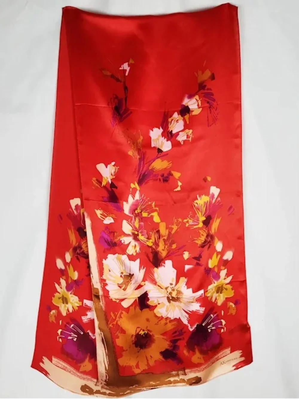 Vintage Anne Klein 100% Silk Scarf Brilliant Red Floral Print Long Rectangular